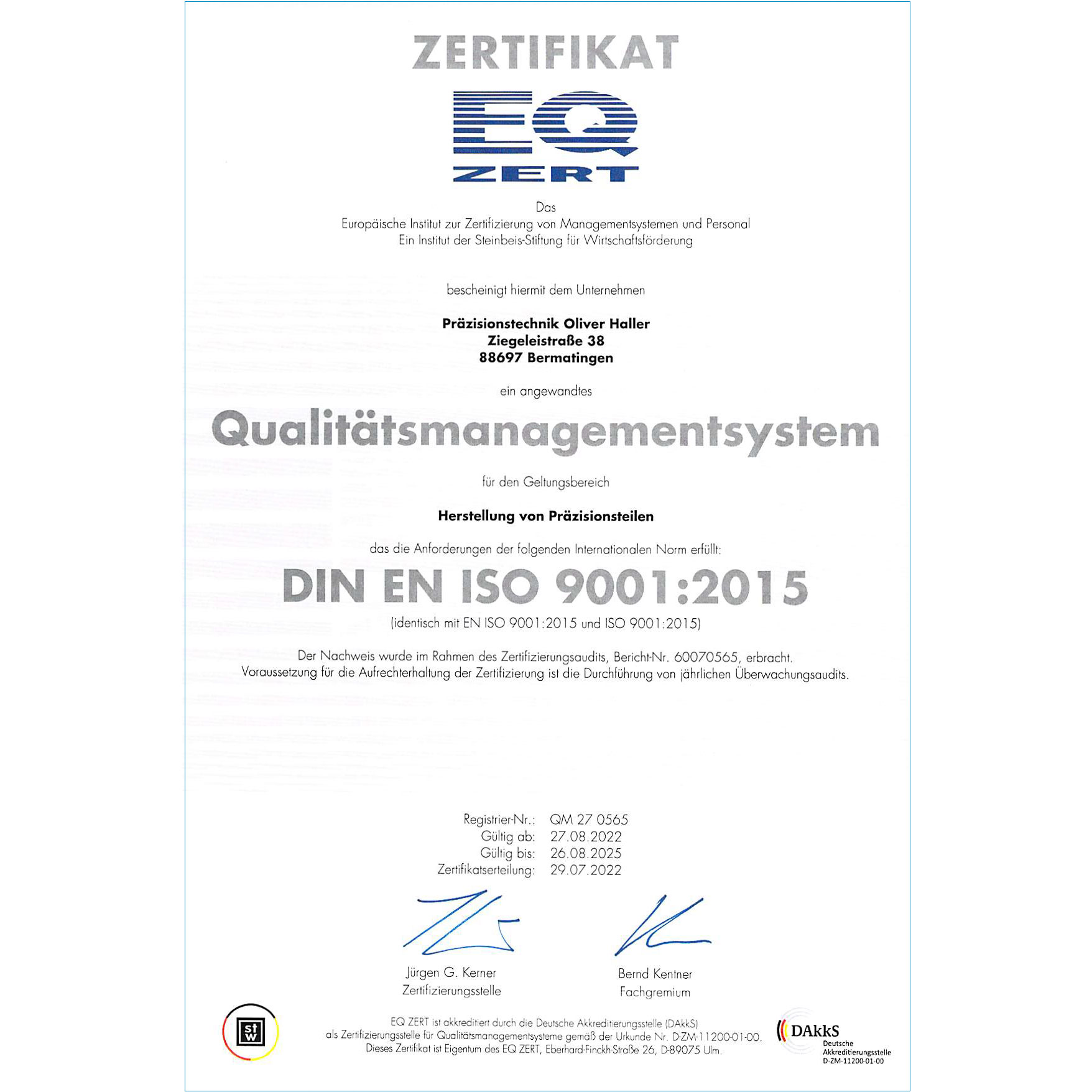 Wir sind zertifiziert nach DIN EN ISO 9001:2015