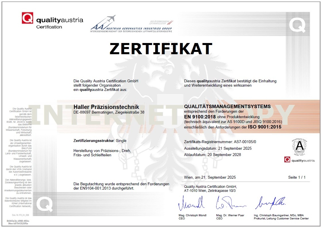 Wir sind zertifiziert nach EN 9100:2018